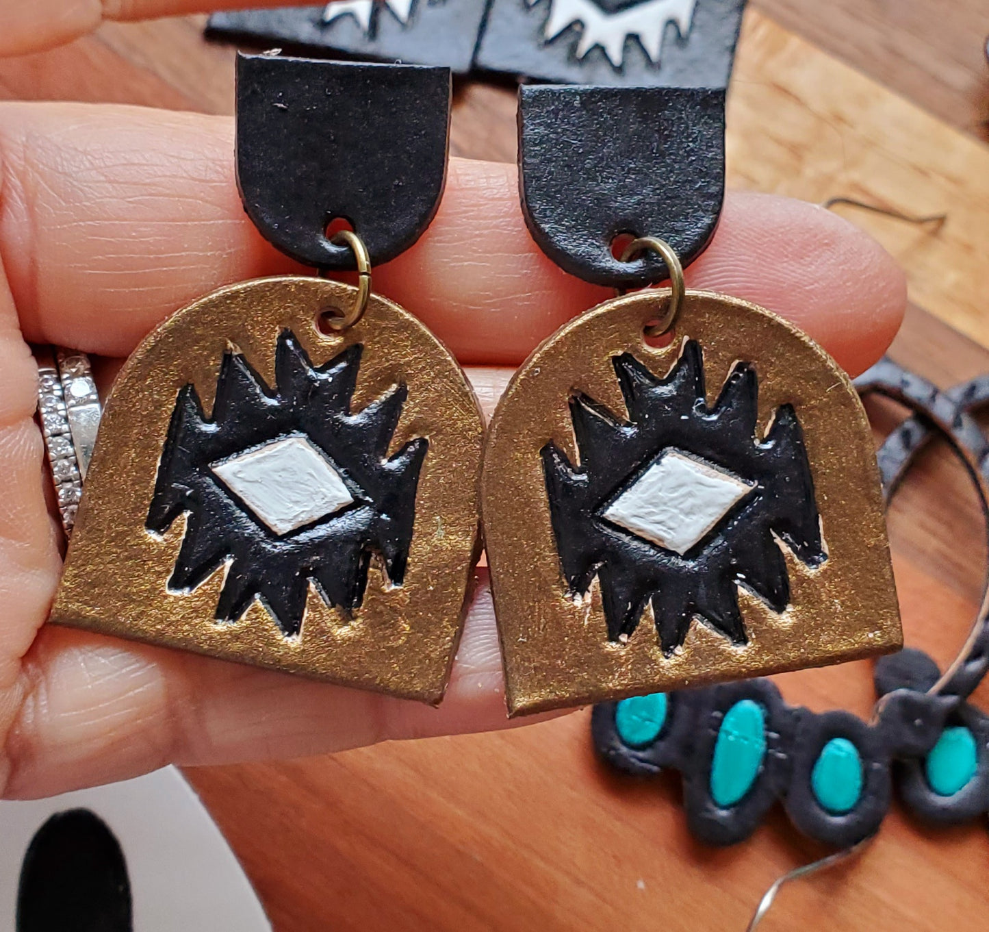 Aztec Bronze Black and White Earrings. Genuine Leather.