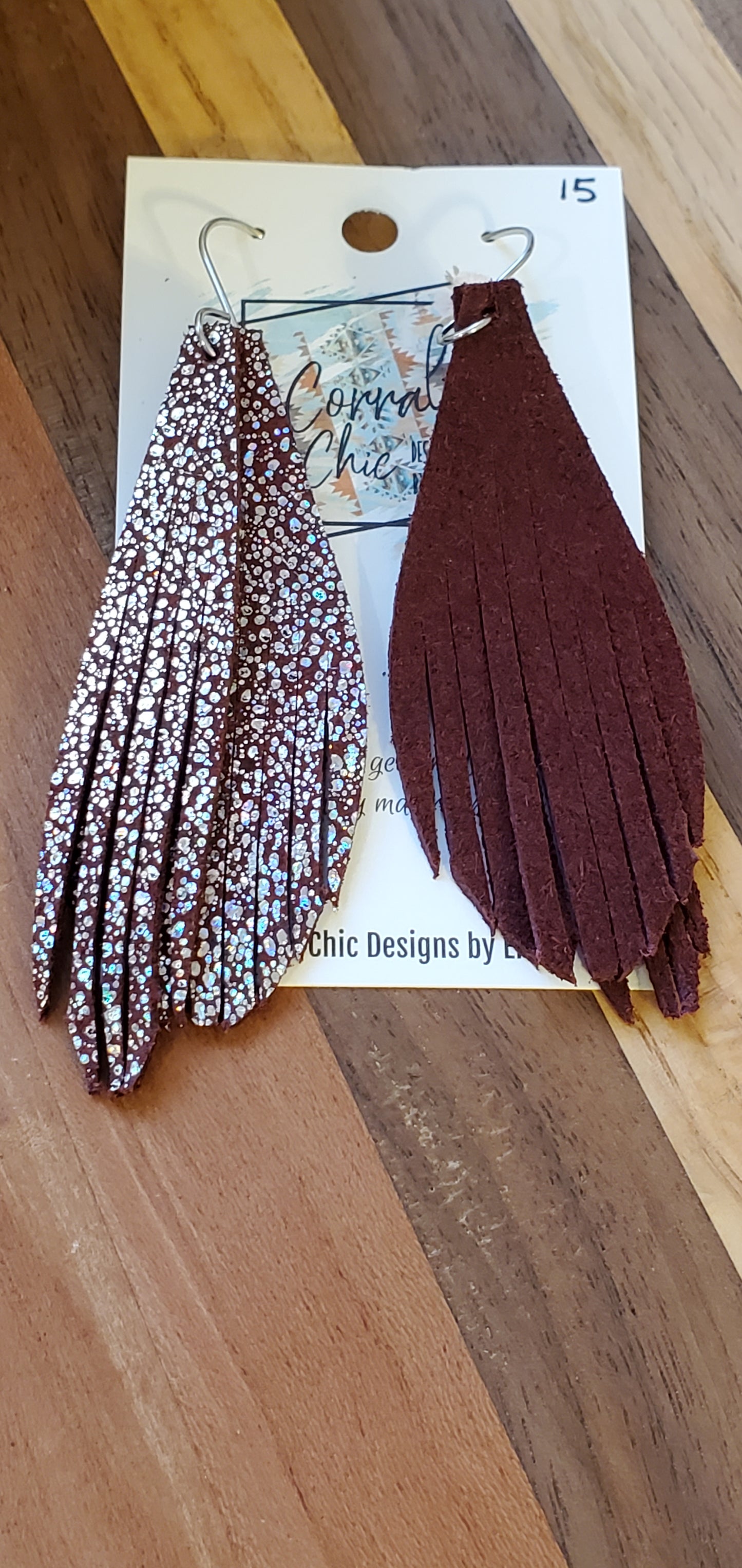 Double layered fringe earrings. Genuine leather. Burgundy.