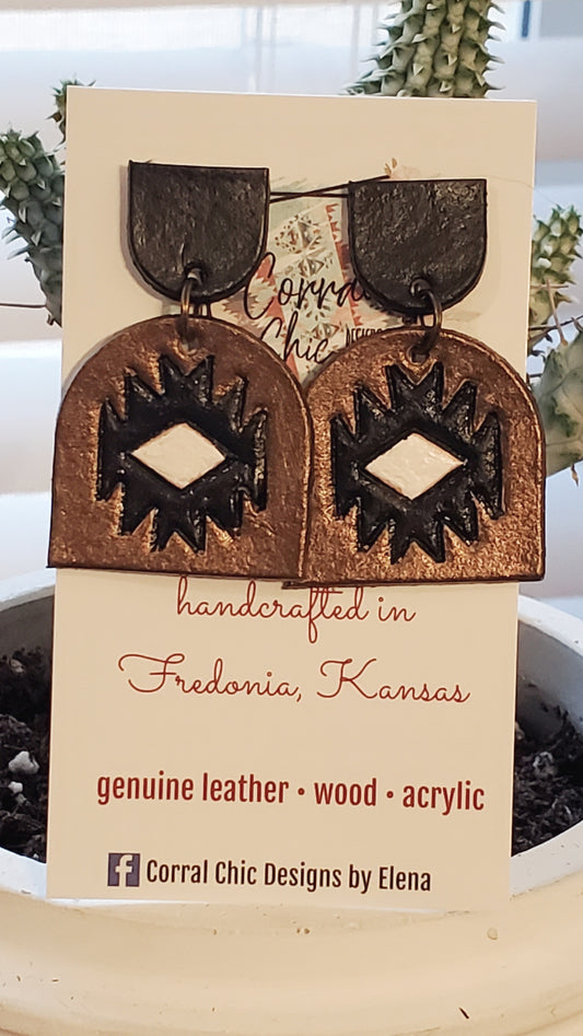 Aztec Bronze Black and White Earrings. Genuine Leather.